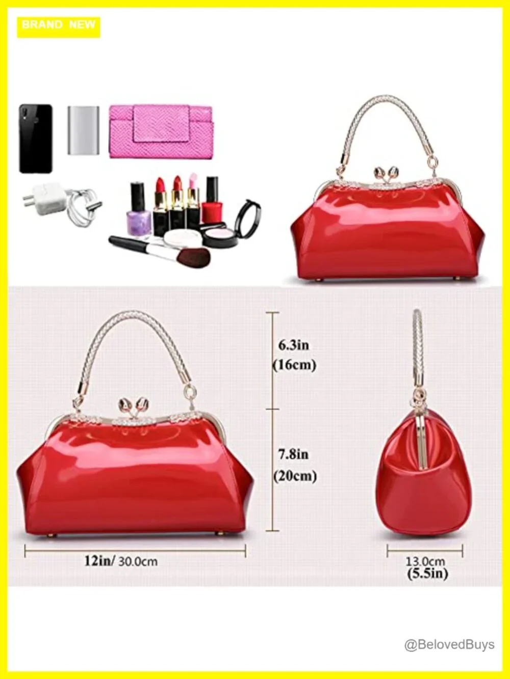 Glossy Faux Patent Leather Kiss Lock Top Handle Satchel Crossbody Bag